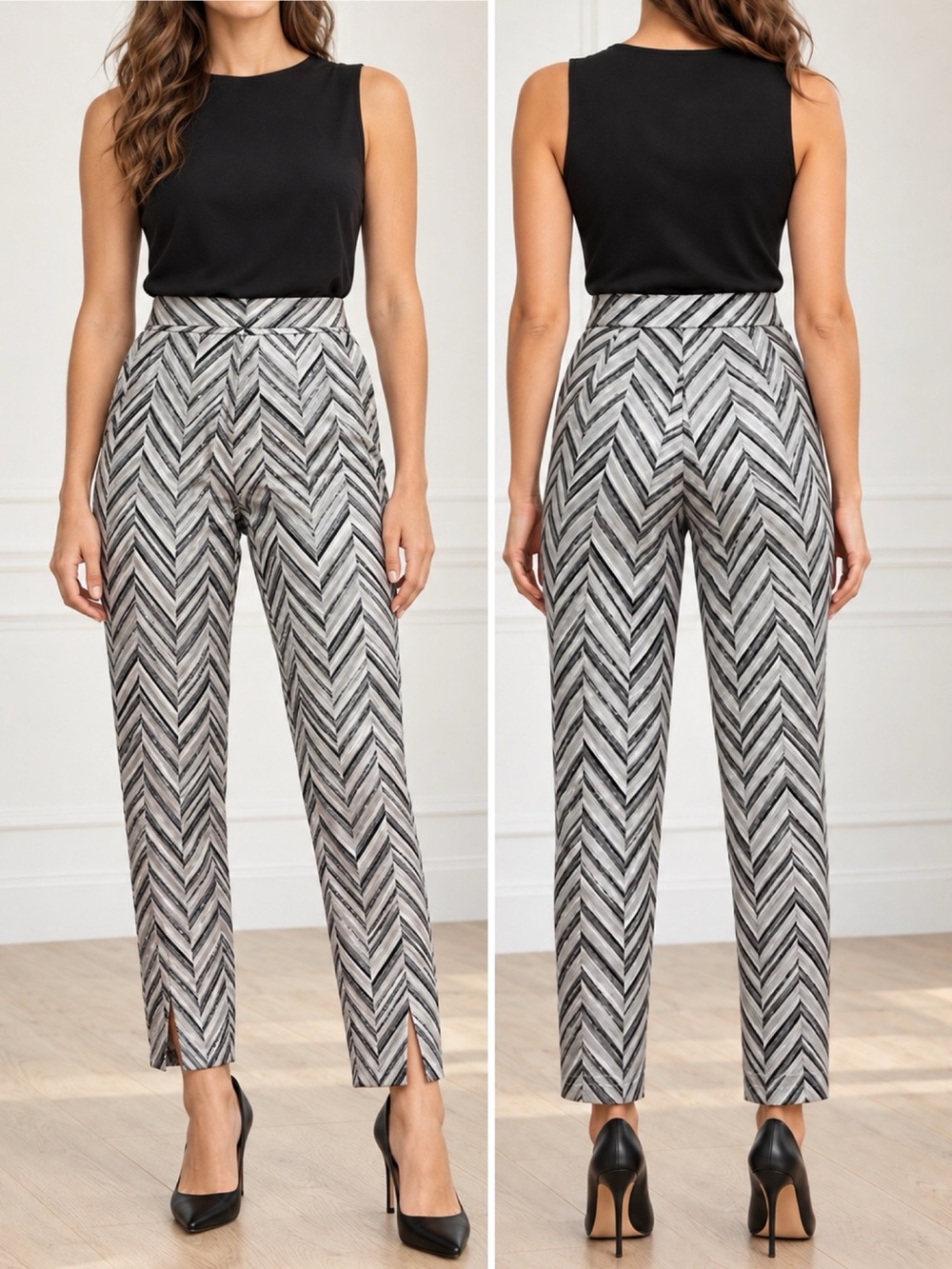 Lulus Creative Thinking Pants M Silver Black Metallic Chevron High Rise Ankle - Picture 16 of 16